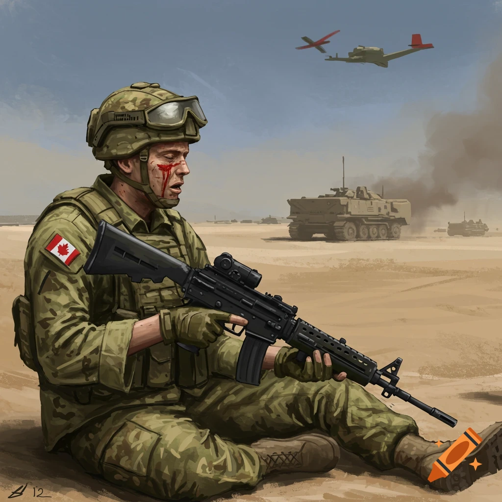 Illustration of a wounded Canadian soldier sitting on a battlefield with a rifle, tanks and aircraft in the background.