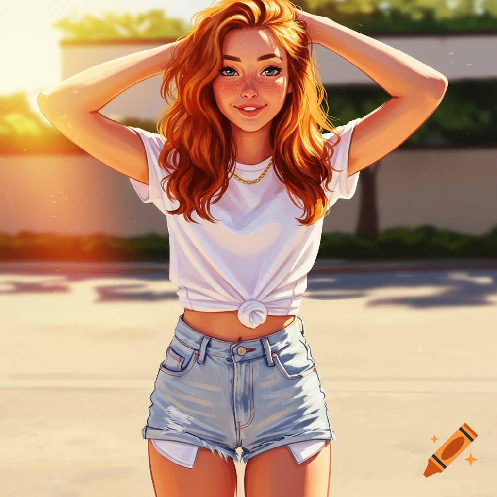 Illustration of a smiling red-haired woman in a knotted white t-shirt and cut-off denim shorts outdoors.