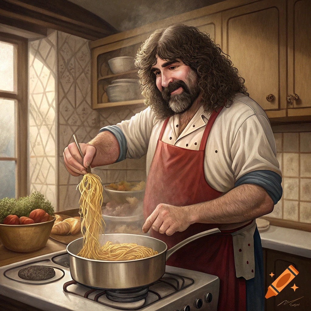 A man resembling Mick Foley cooking spaghetti in a kitchen.
