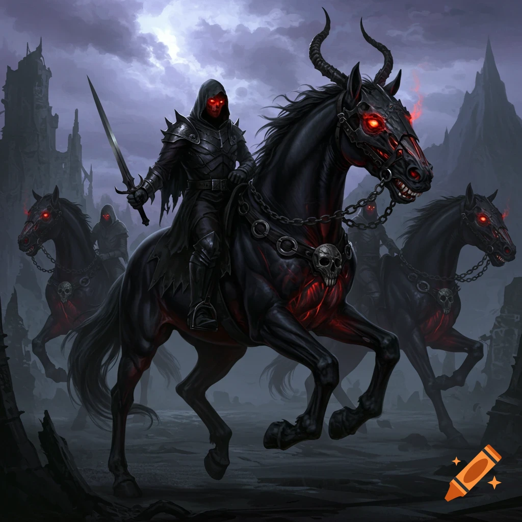 Dark fantasy figures on black horses with glowing eyes ride through ...