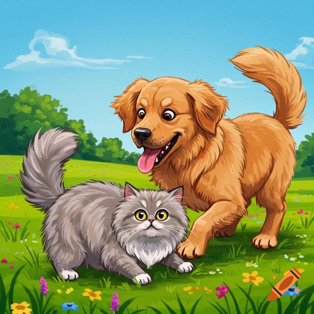 Cartoon illustration of a dog and cat playing in a grassy field.