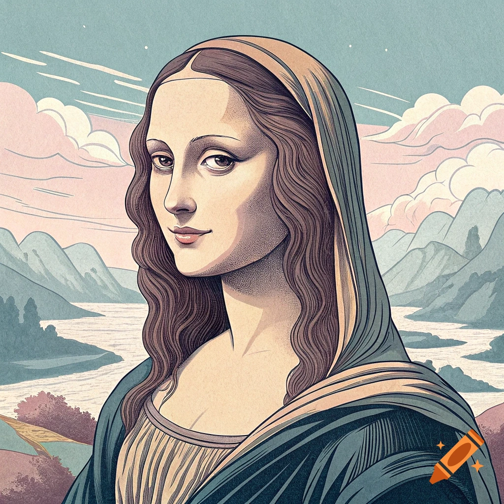 Stylized portrait of the Mona Lisa in the style of Patrick Nagel.