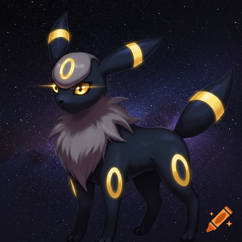 Dark Pokémon creature with glowing gold rings and eyes against a starry space background.