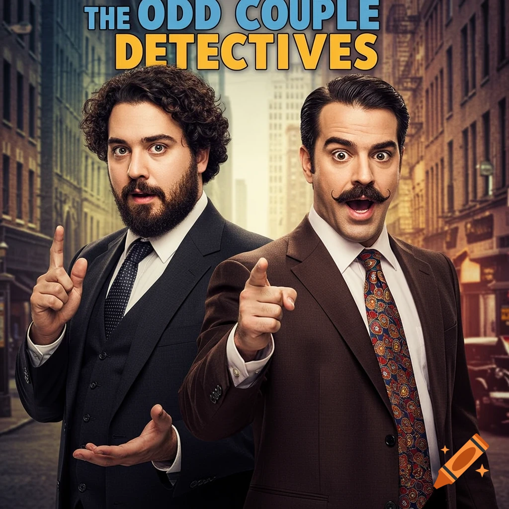 Poster for a comedy show with two men dressed as detectives in a city street, with text "THE ODD COUPLE DETECTIVES".