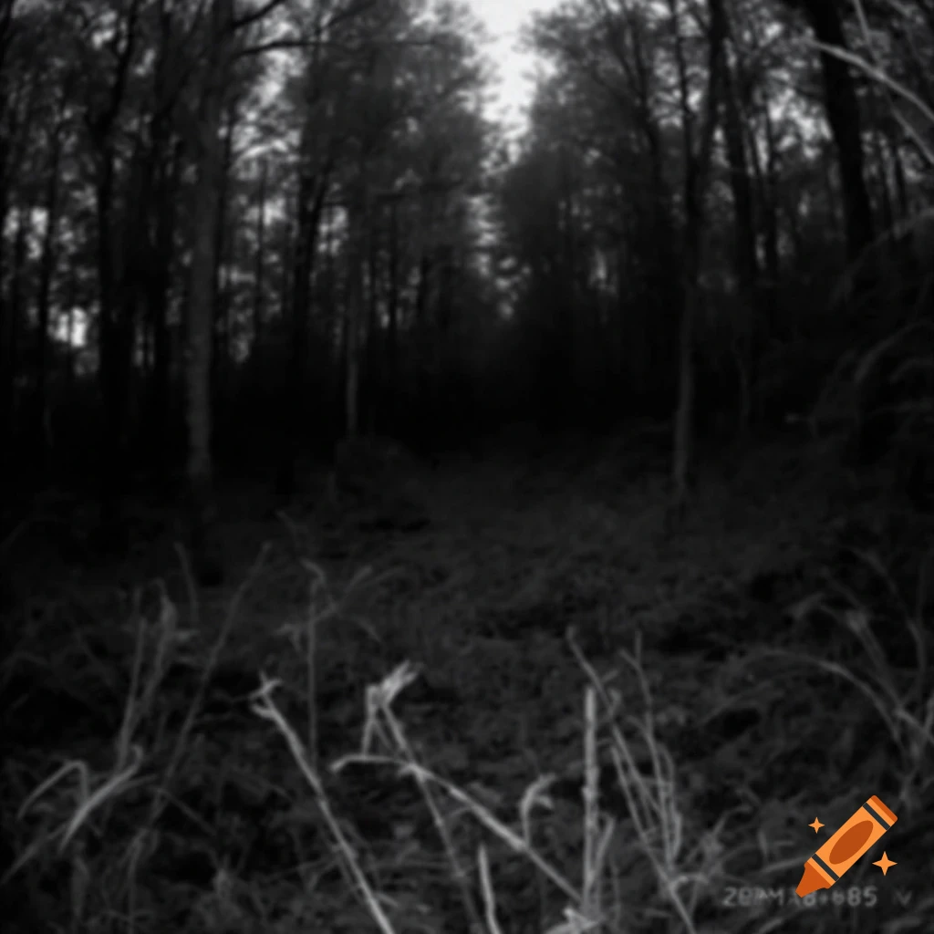 Dark black and white trail camera footage shows a forest floor and trees at night.