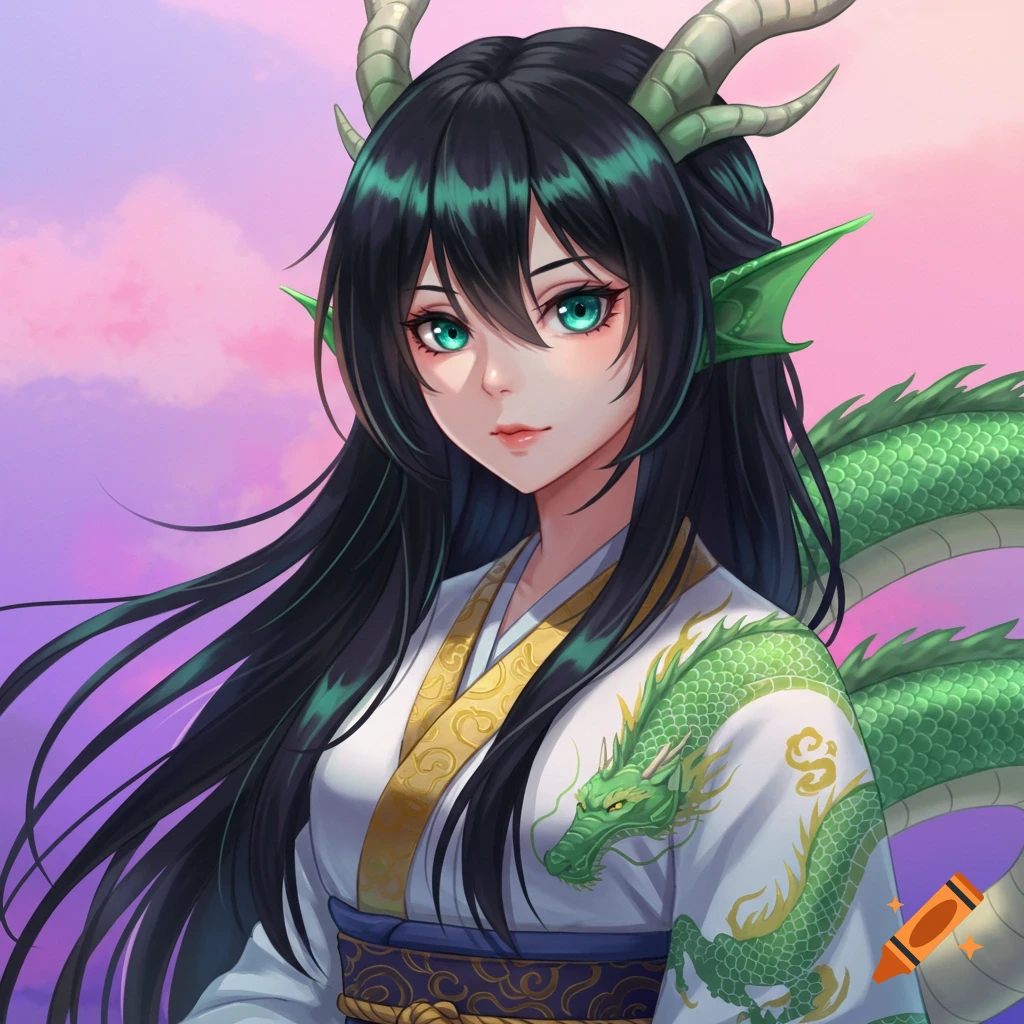 Anime style portrait of a dragon girl with black hair, teal eyes, horns, and green fins, wearing a white and green kimono.