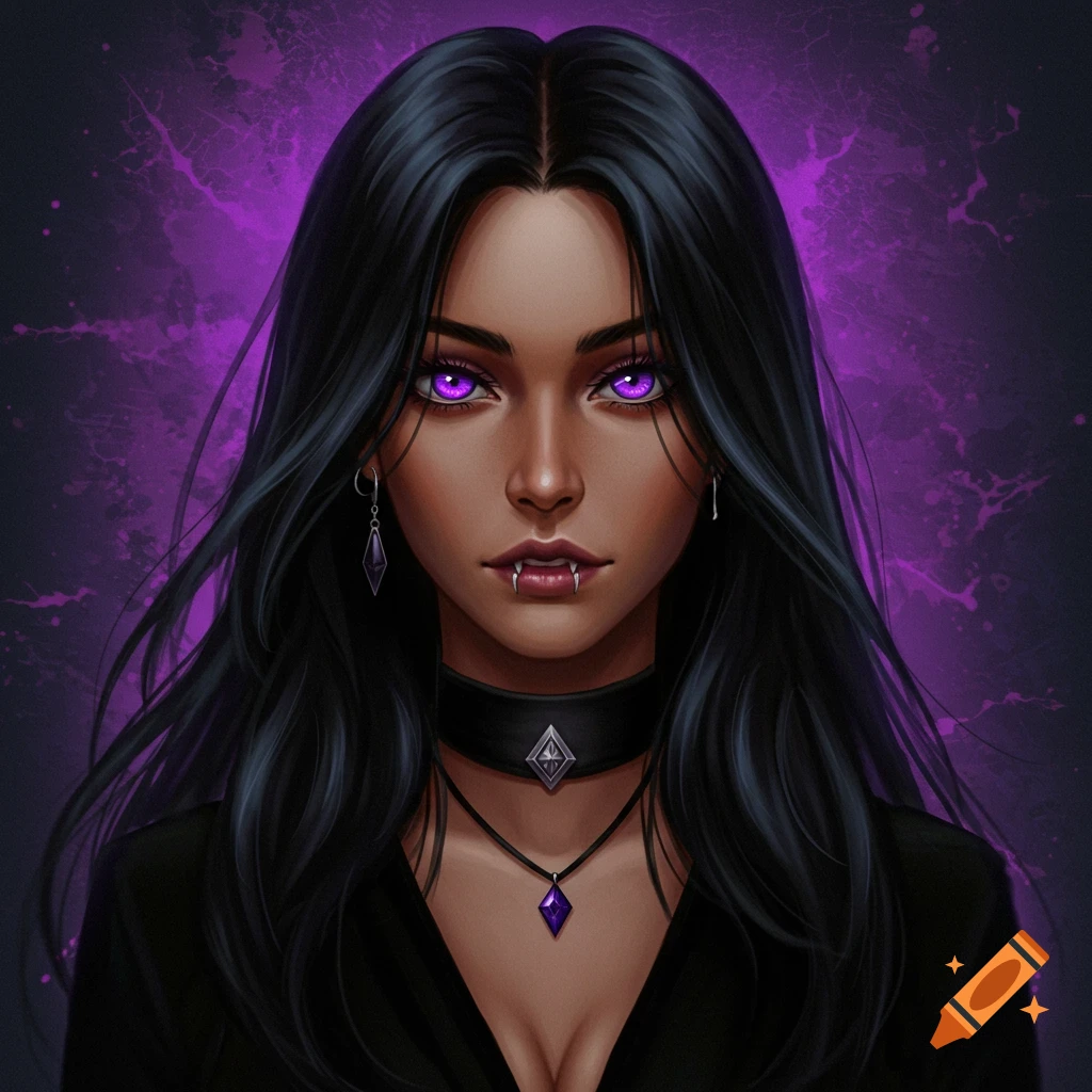 Portrait of a woman with purple eyes and vampire fangs in a dark fantasy style.