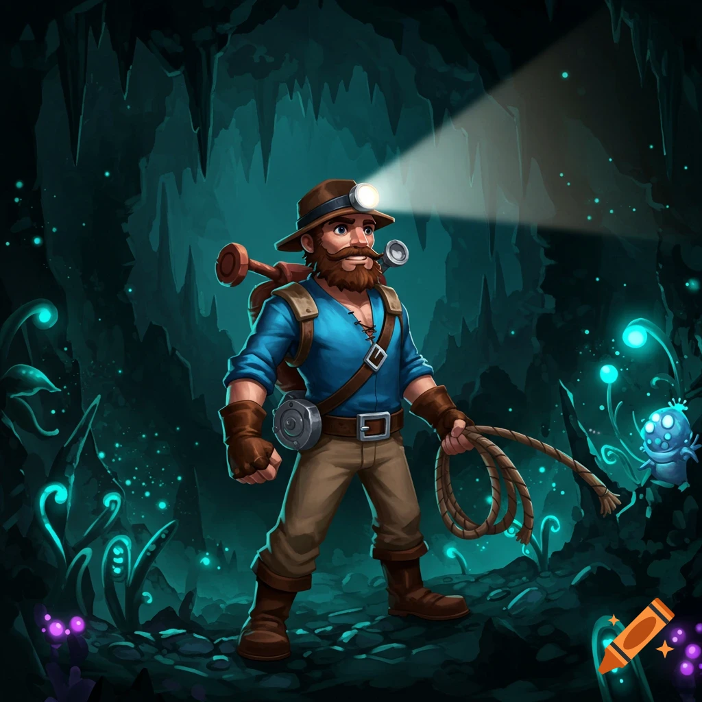 A cartoon illustration of an explorer with a headlamp and rope standing in a dark cave filled with glowing plants and a small creature.
