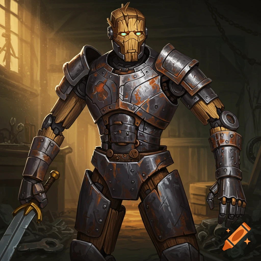 A large robot warrior made of wood and rusted metal armor stands in a cluttered workshop, holding a sword.