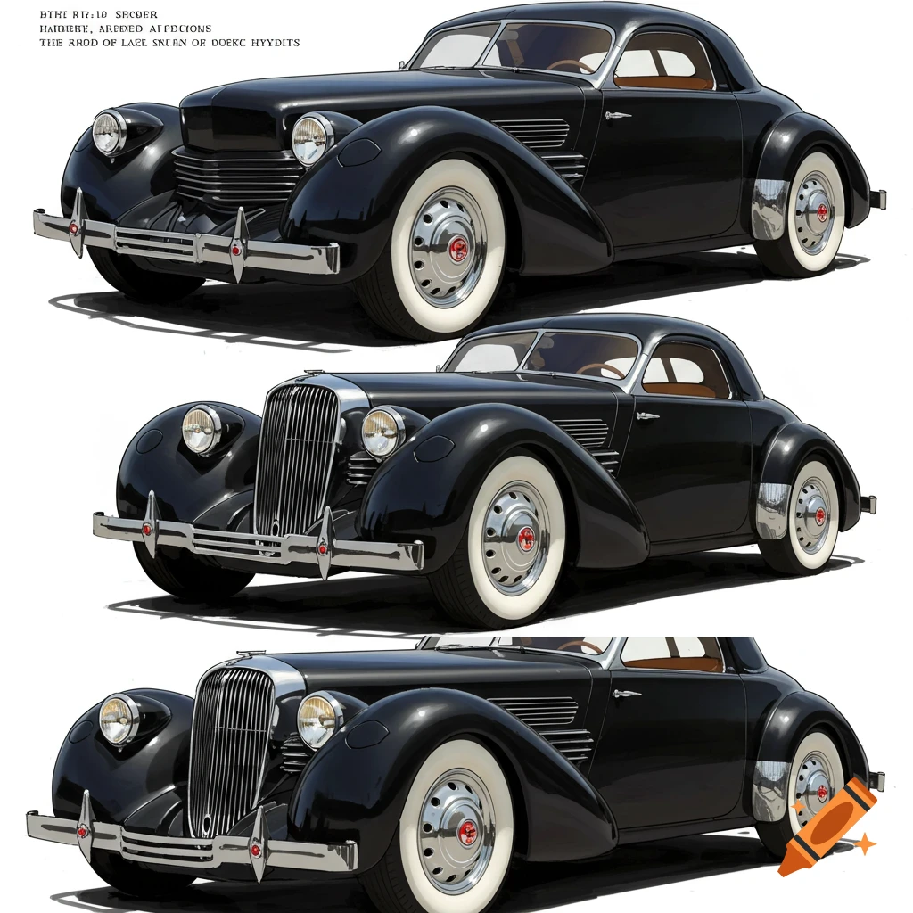 Three black vintage coupe cars with white wall tires stacked vertically