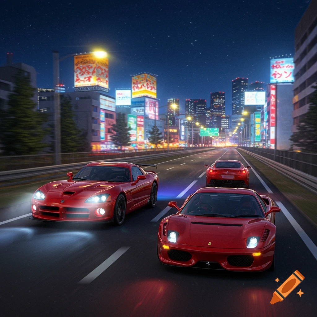 Red Dodge Viper and red Ferrari racing on a Tokyo highway at night with city lights