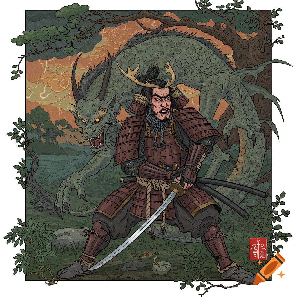 Samurai battling a dragon in a Japanese art illustration.
