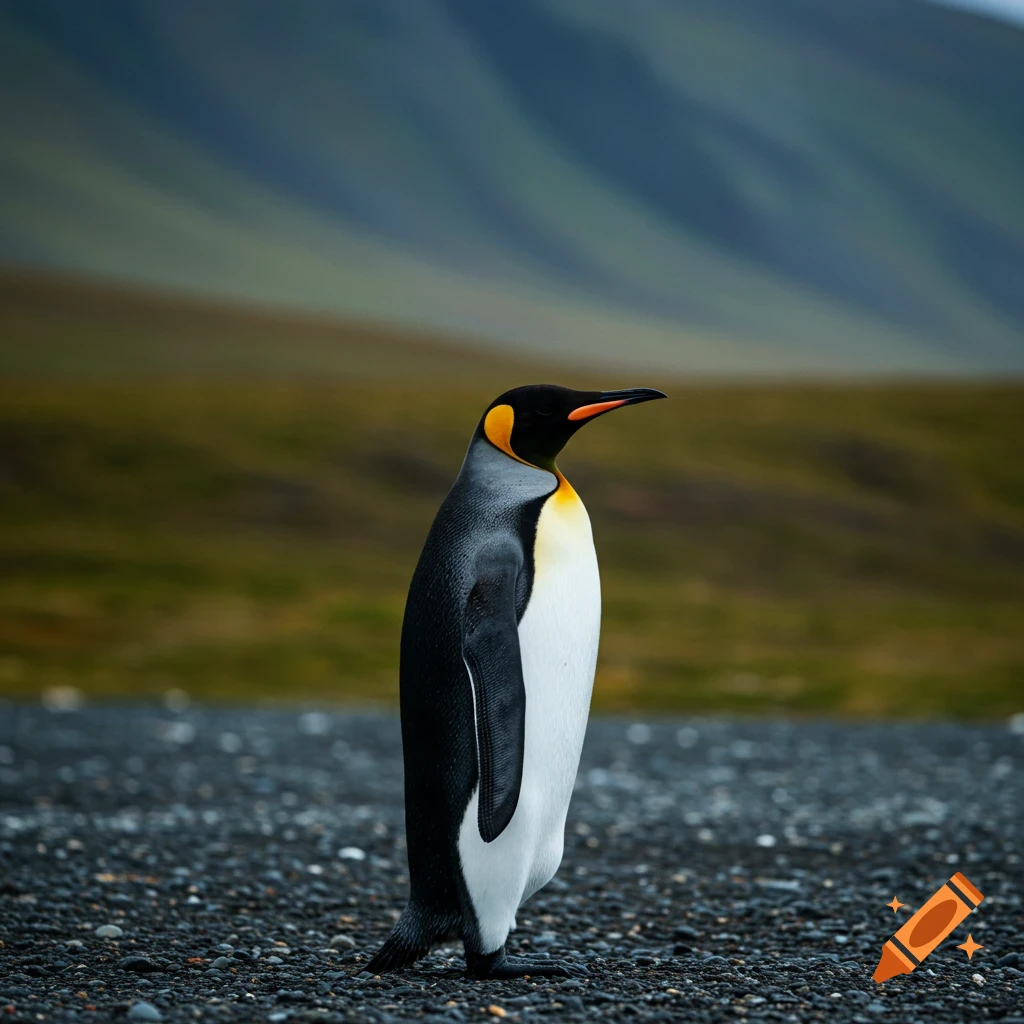 A king penguin stands on a rocky beach with a blurred mountain backdrop.