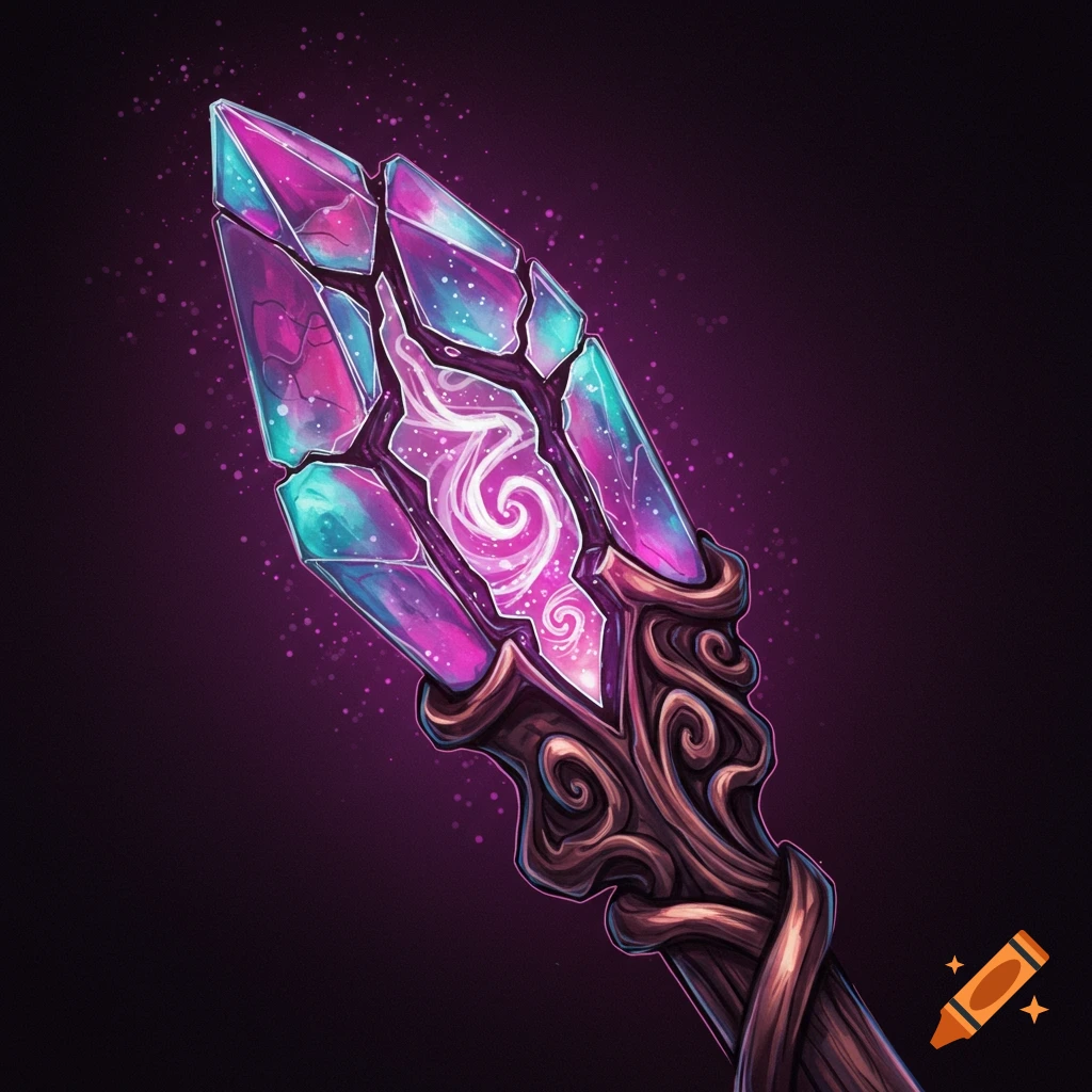 A detailed illustration of a magic staff head with a cracked, glowing crystal and carved wood.