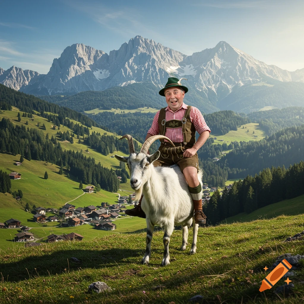 A man in traditional Bavarian clothing rides a goat on a grassy hill ...