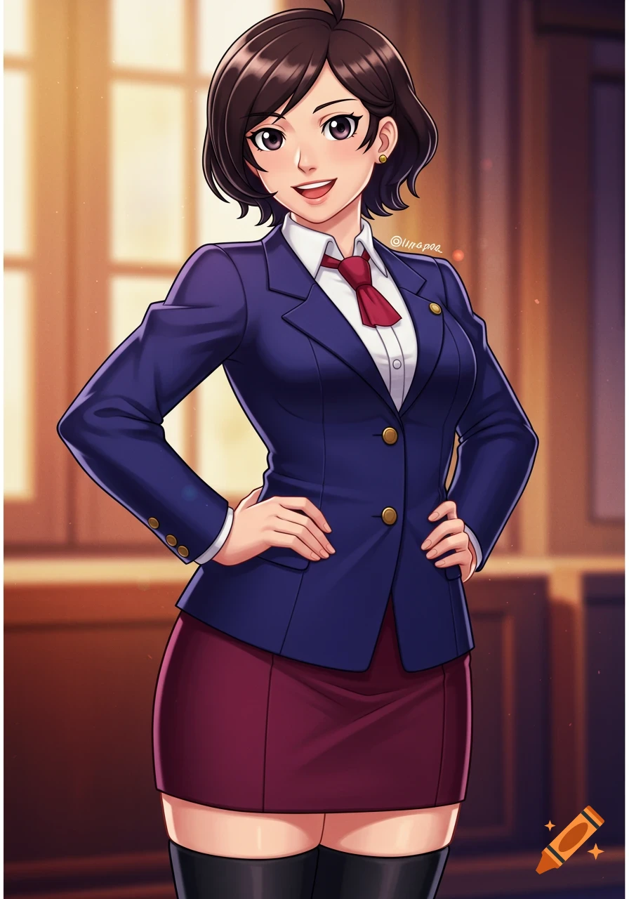 Anime woman in a blue blazer, red tie, and skirt, smiling with hands on hips