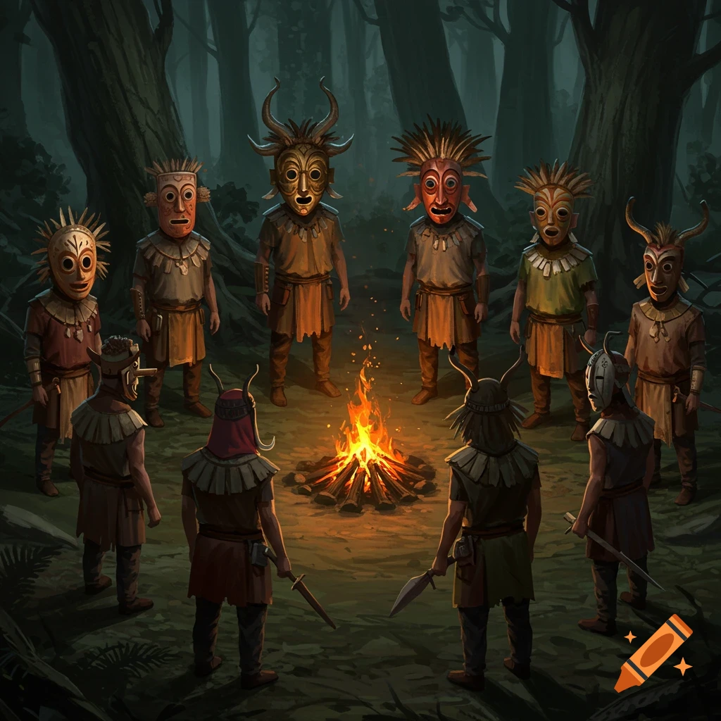 Figures in tribal masks gather around a campfire in a dark forest.