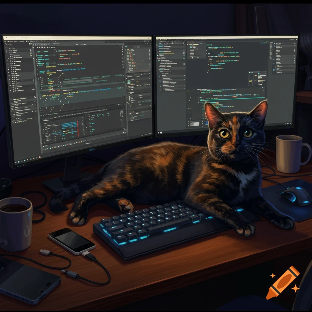 A tortoiseshell cat lies on a computer desk with two monitors displaying code, a keyboard, mouse, and coffee cups.