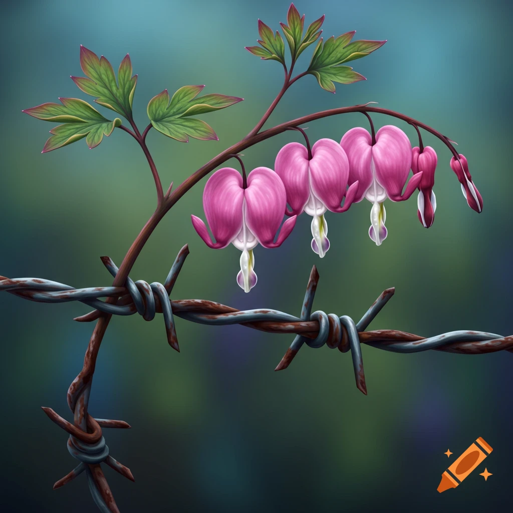 Pink bleeding heart flowers on a branch intertwined with rusted barbed wire, digital illustration.
