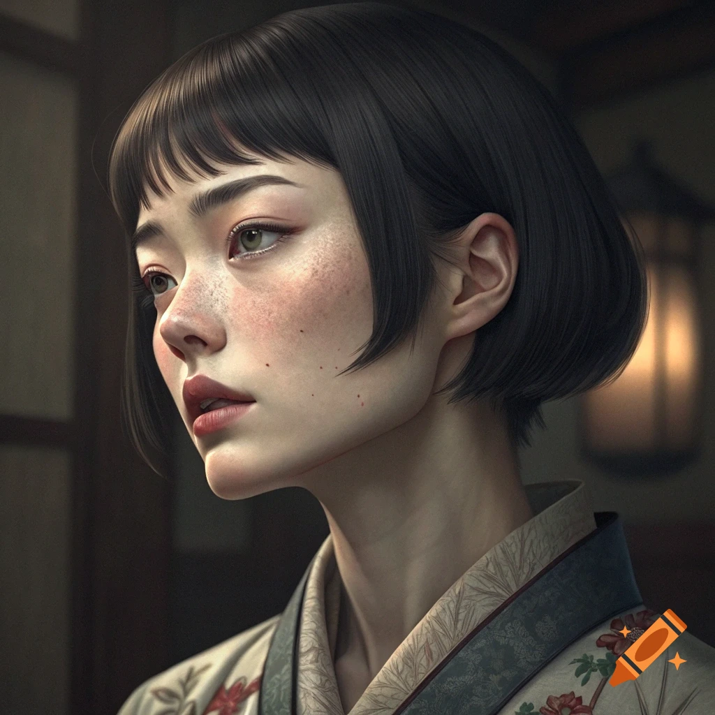 A photorealistic portrait of a Japanese woman with short dark hair and freckles wearing a kimono.