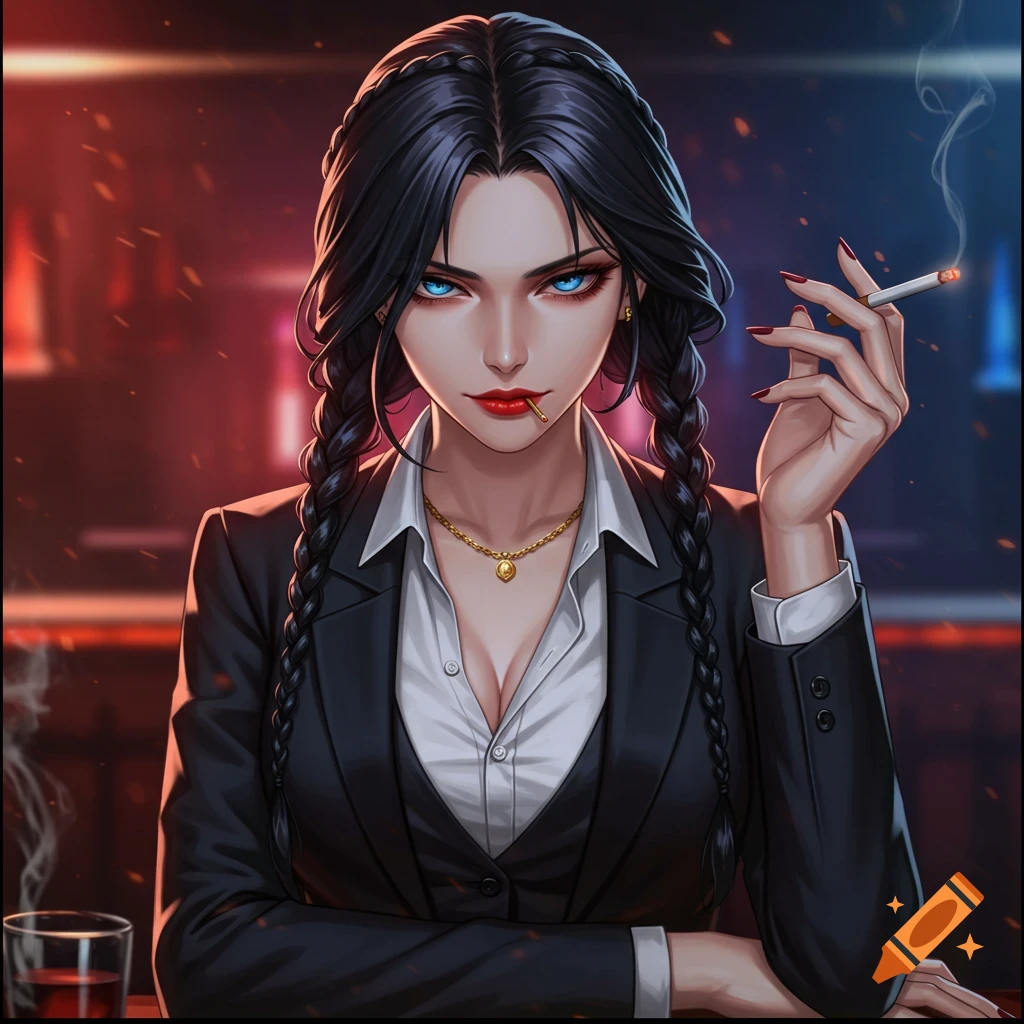 Anime style portrait of a woman in a suit smoking a cigarette in a bar