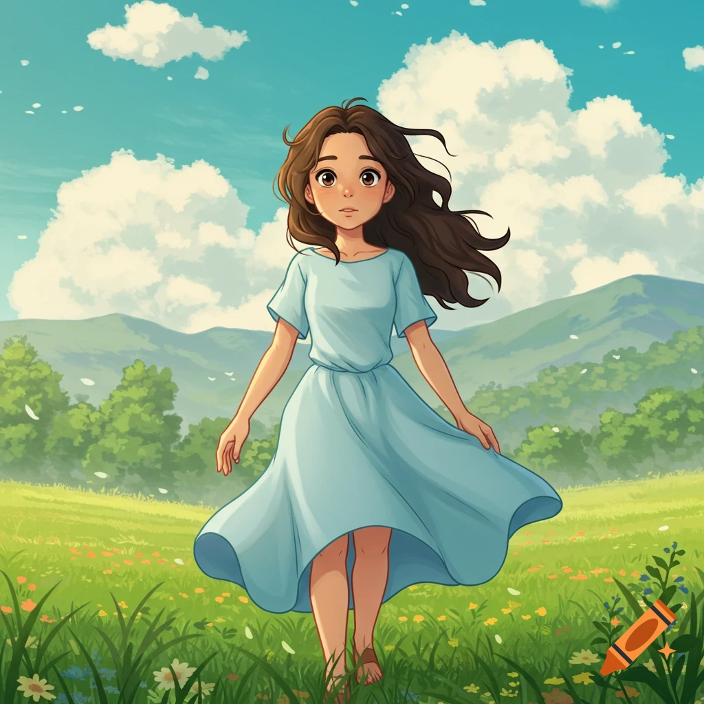 A girl in a blue dress walks through a sunny grassy field under a cloudy sky in Studio Ghibli anime style.