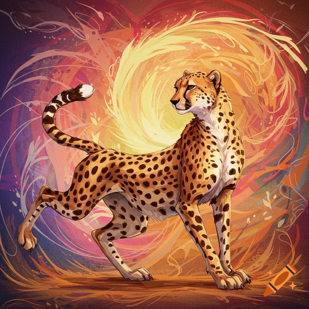 A stylized illustration of a cheetah standing against a vibrant, swirling background.