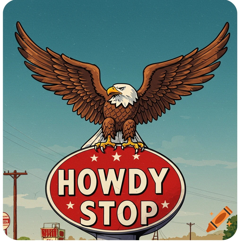 Stylized illustration of a bald eagle on a vintage 'HOWDY STOP' sign.