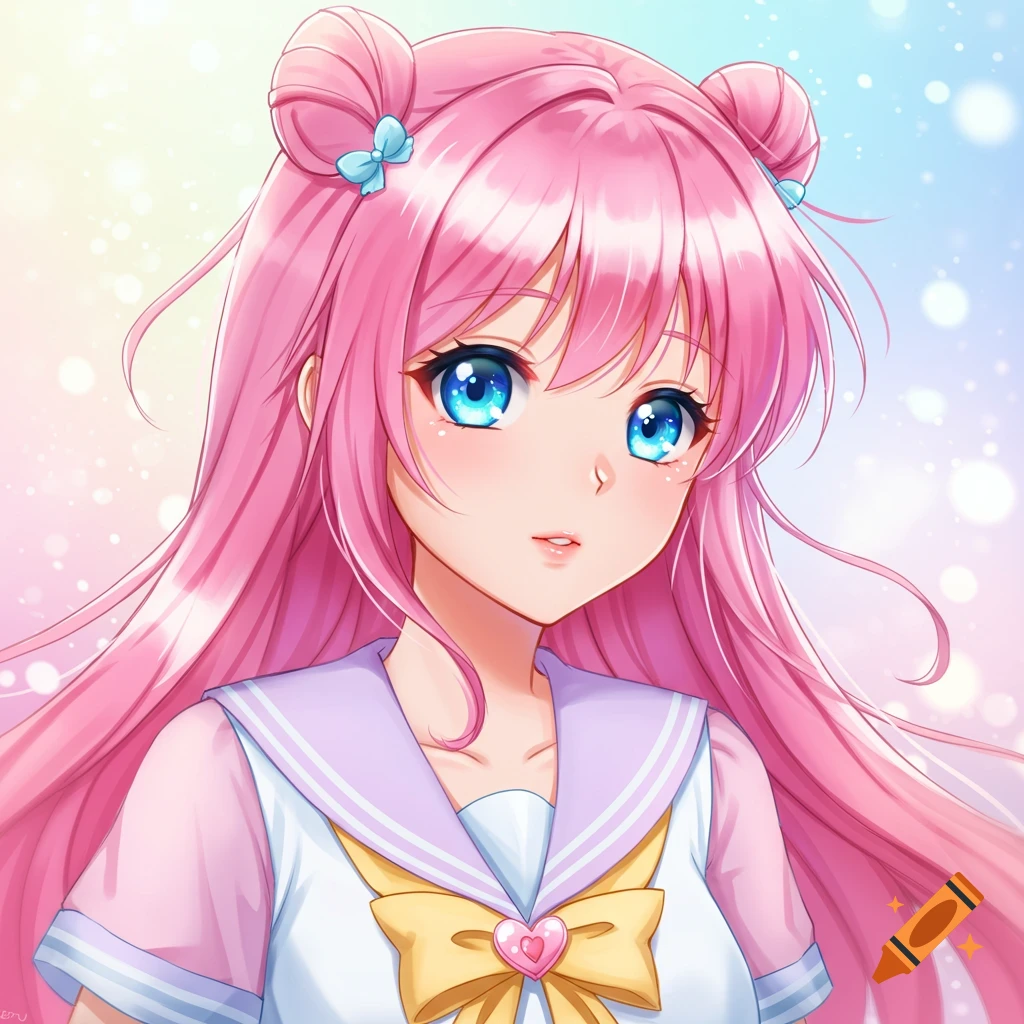 Portrait of an anime girl with pink hair and blue eyes in a sailor uniform.