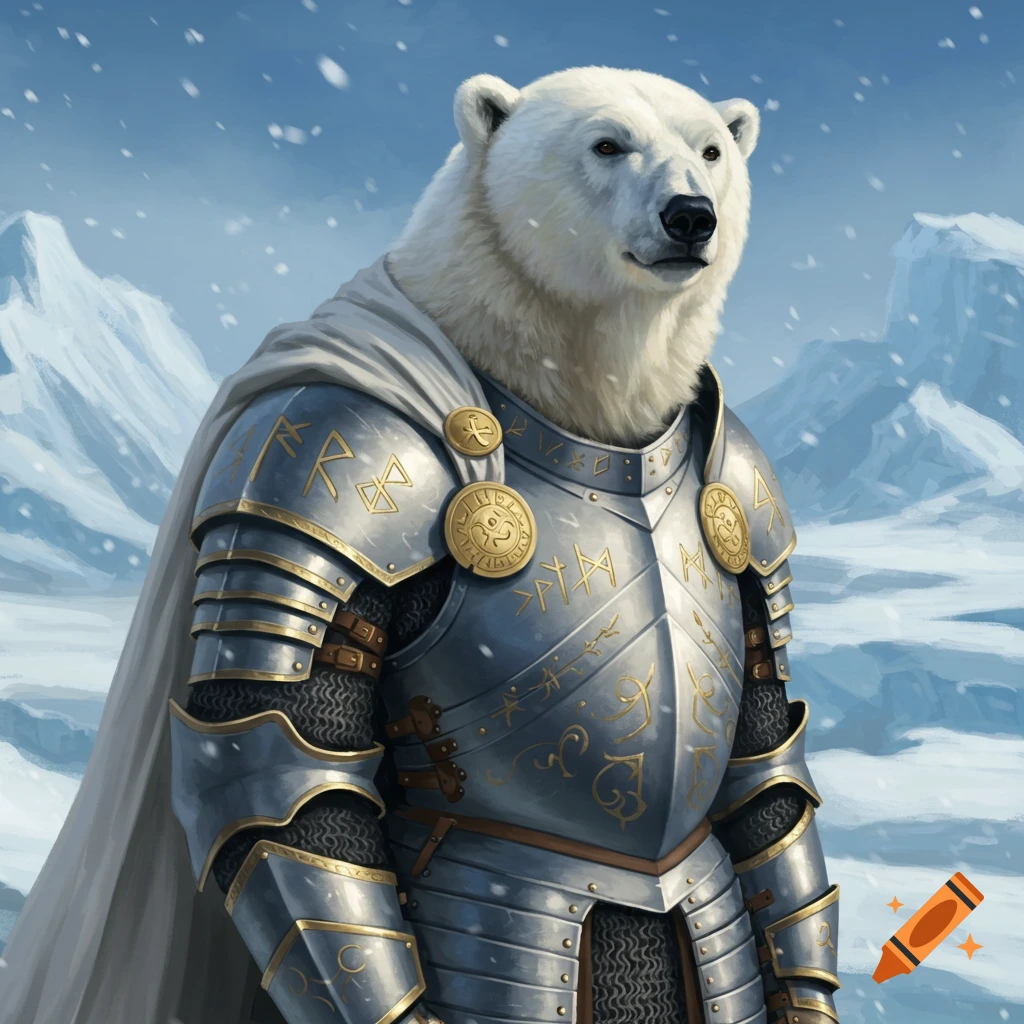 A polar bear wearing ornate metal armor and a white cape stands in a snowy mountain landscape.