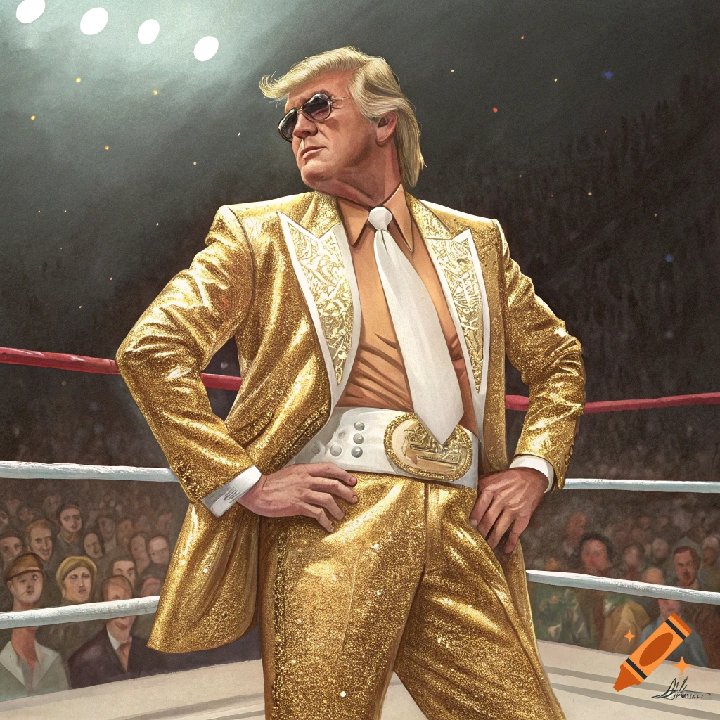 An illustration of Donald Trump in a sparkly gold suit in a wrestling ring.