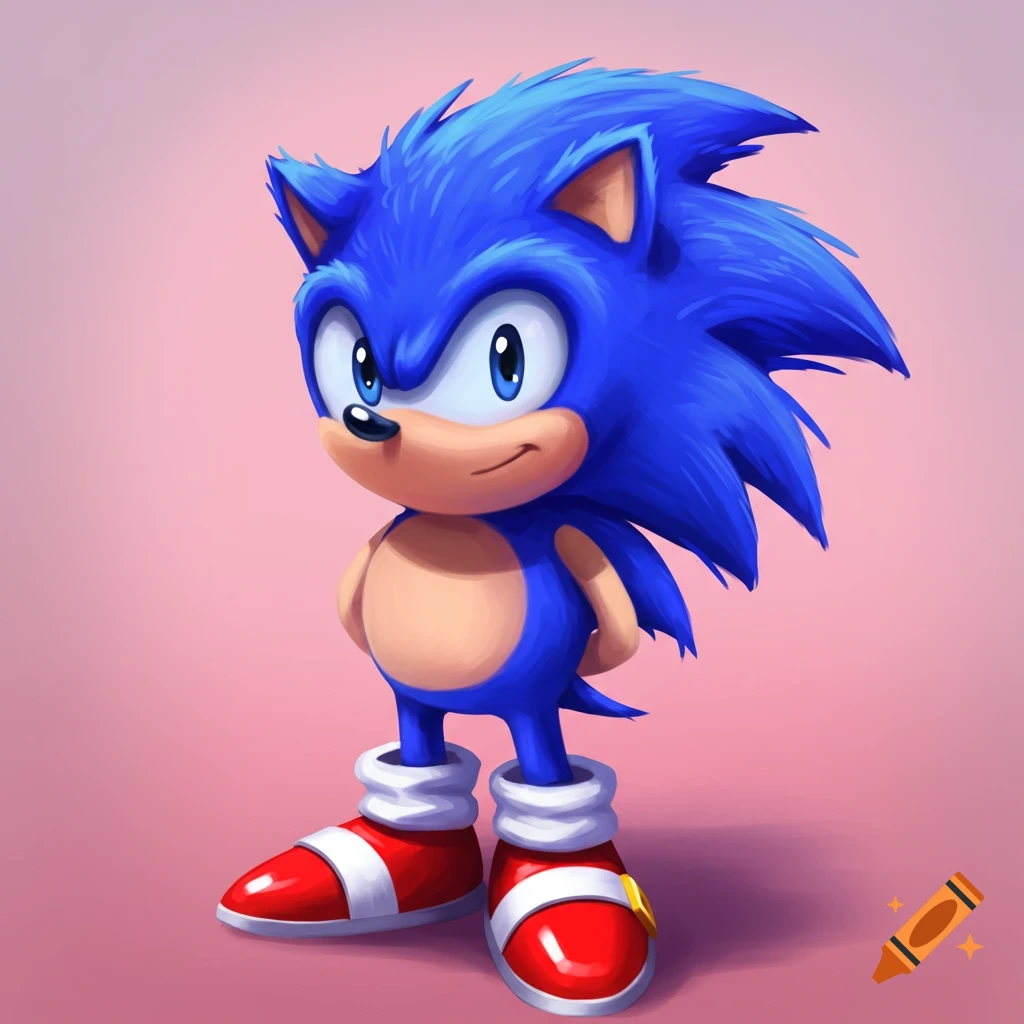 A cartoon blue hedgehog with red shoes stands on a pink background.