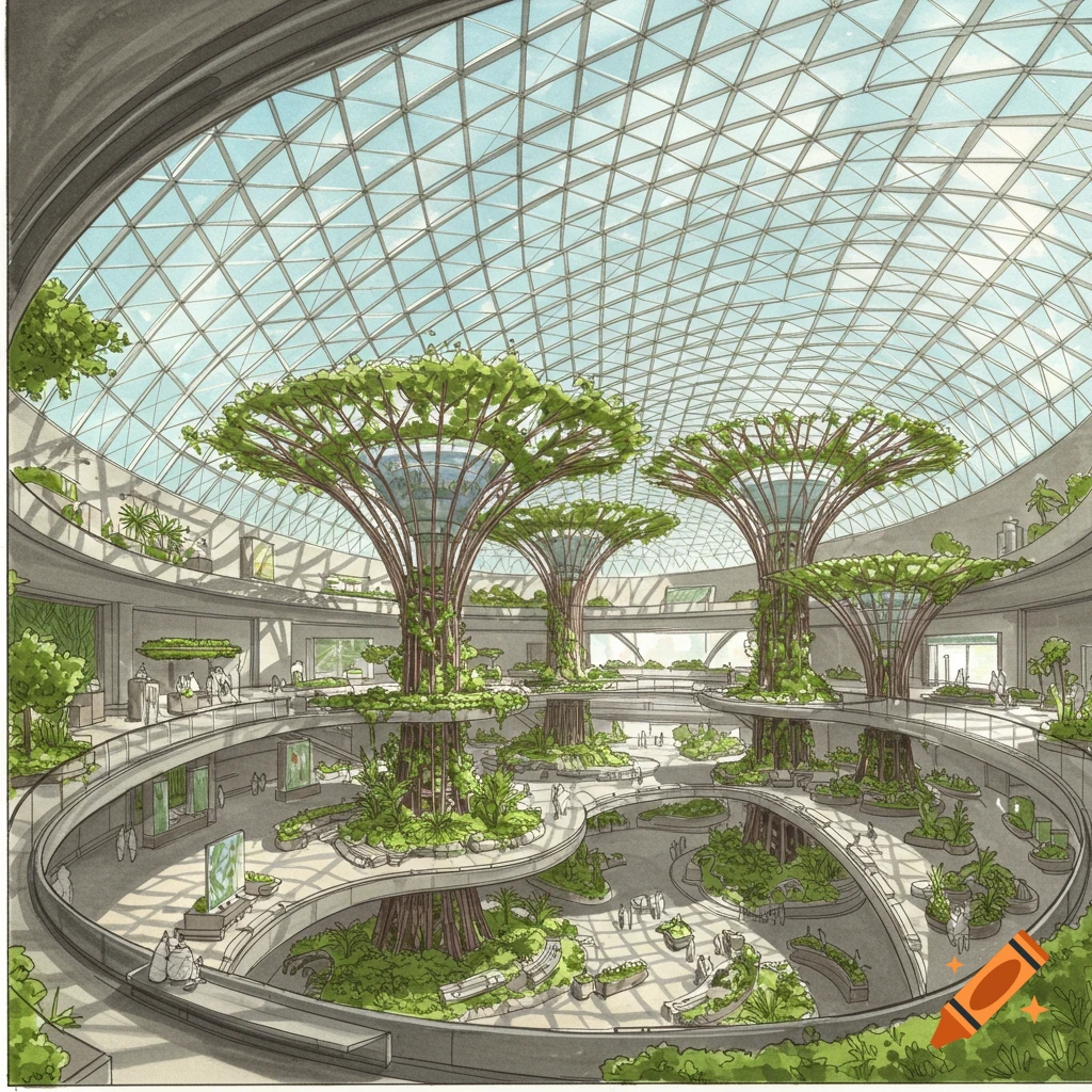 Architectural sketch of a large indoor space with multiple levels, glass ceiling, and tree-like structures covered in plants.