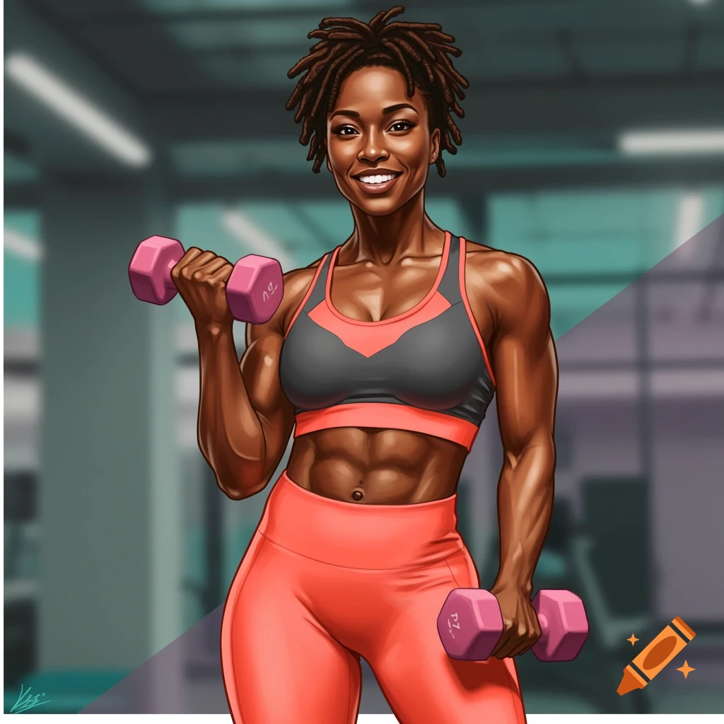 Illustration of a smiling black woman with locs holding pink dumbbells in a gym.