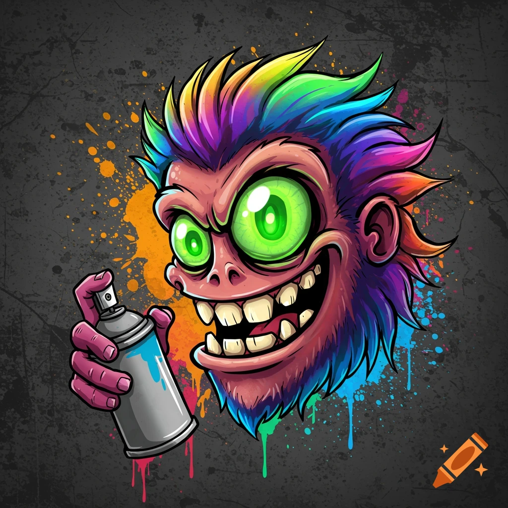 Cartoon monster head with colorful hair holding a spray can with graffiti splatters