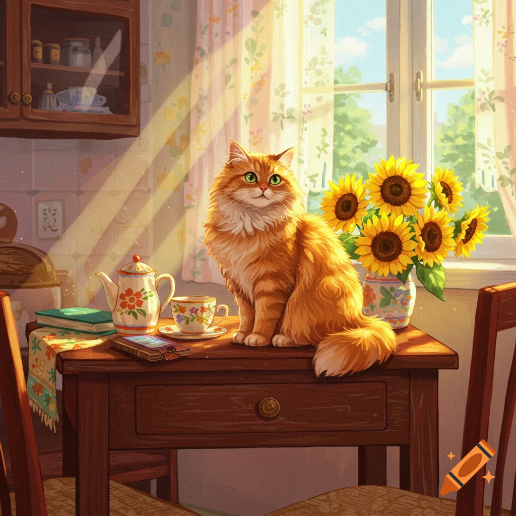 A fluffy ginger cat sits on a table next to a vase of sunflowers in a sunlit kitchen, illustration style.