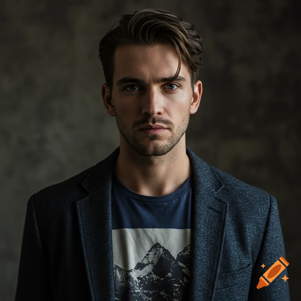A stylish young man in a jacket and t-shirt with a mountain print, looking at the camera. Photorealistic studio portrait.