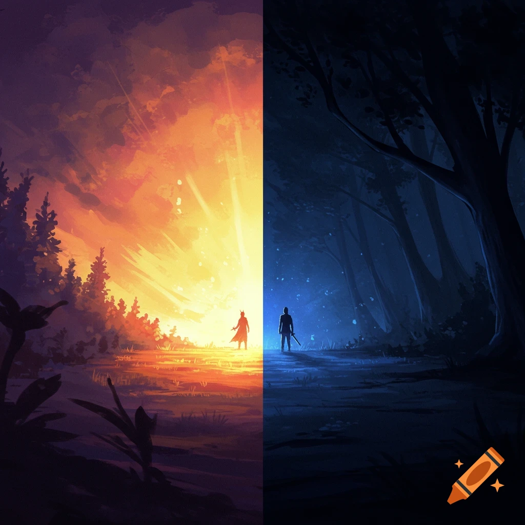 Split image showing a figure in a sunny forest on the left and the same figure in a dark, glowing forest on the right.