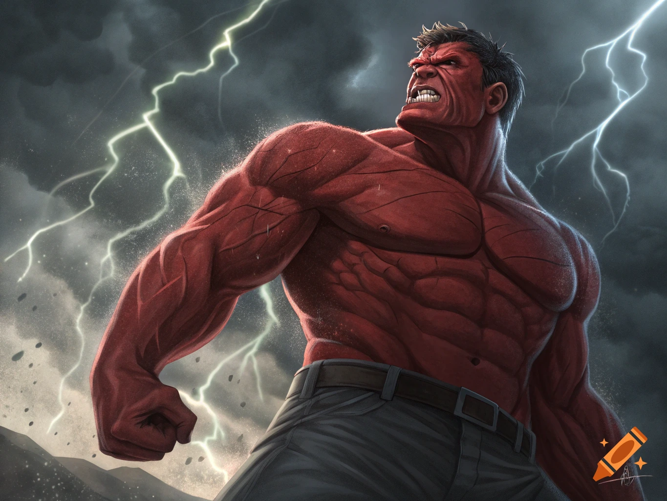 Red Hulk roaring fiercely during a lightning storm, comic art style