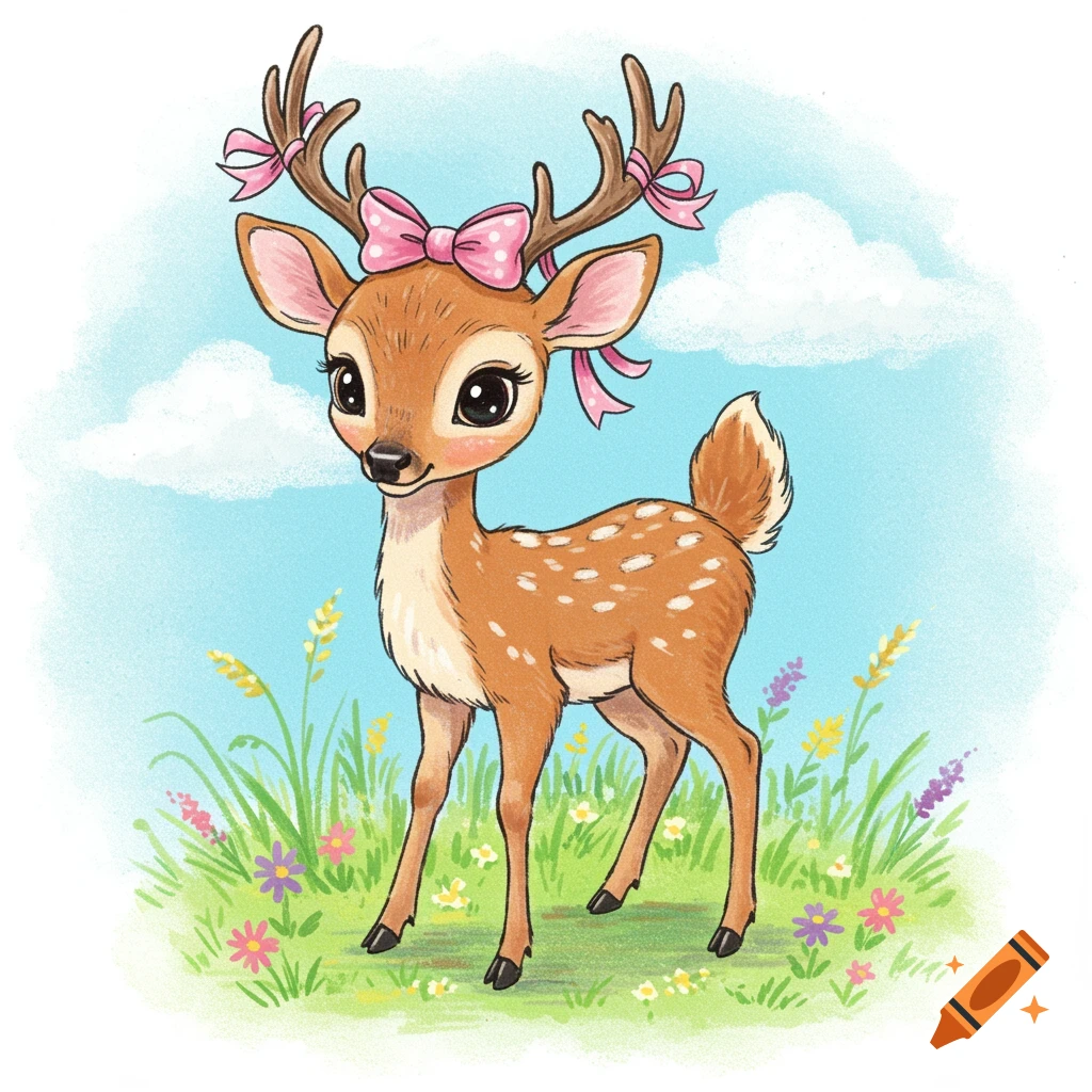 A cute cartoon illustration of a deer standing in a field of flowers, with pink bows on its antlers.
