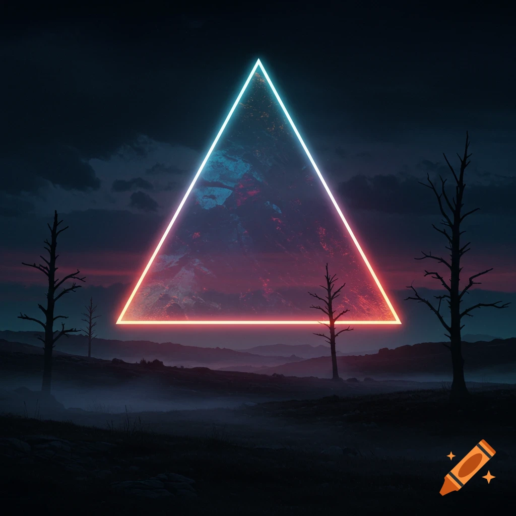 A glowing neon triangle portal sits in a dark, misty landscape with bare trees under a cloudy sky.