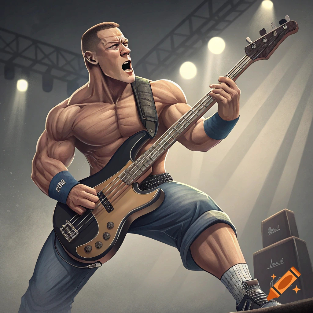 Stylized depiction of John Cena playing a bass guitar on stage under spotlights.