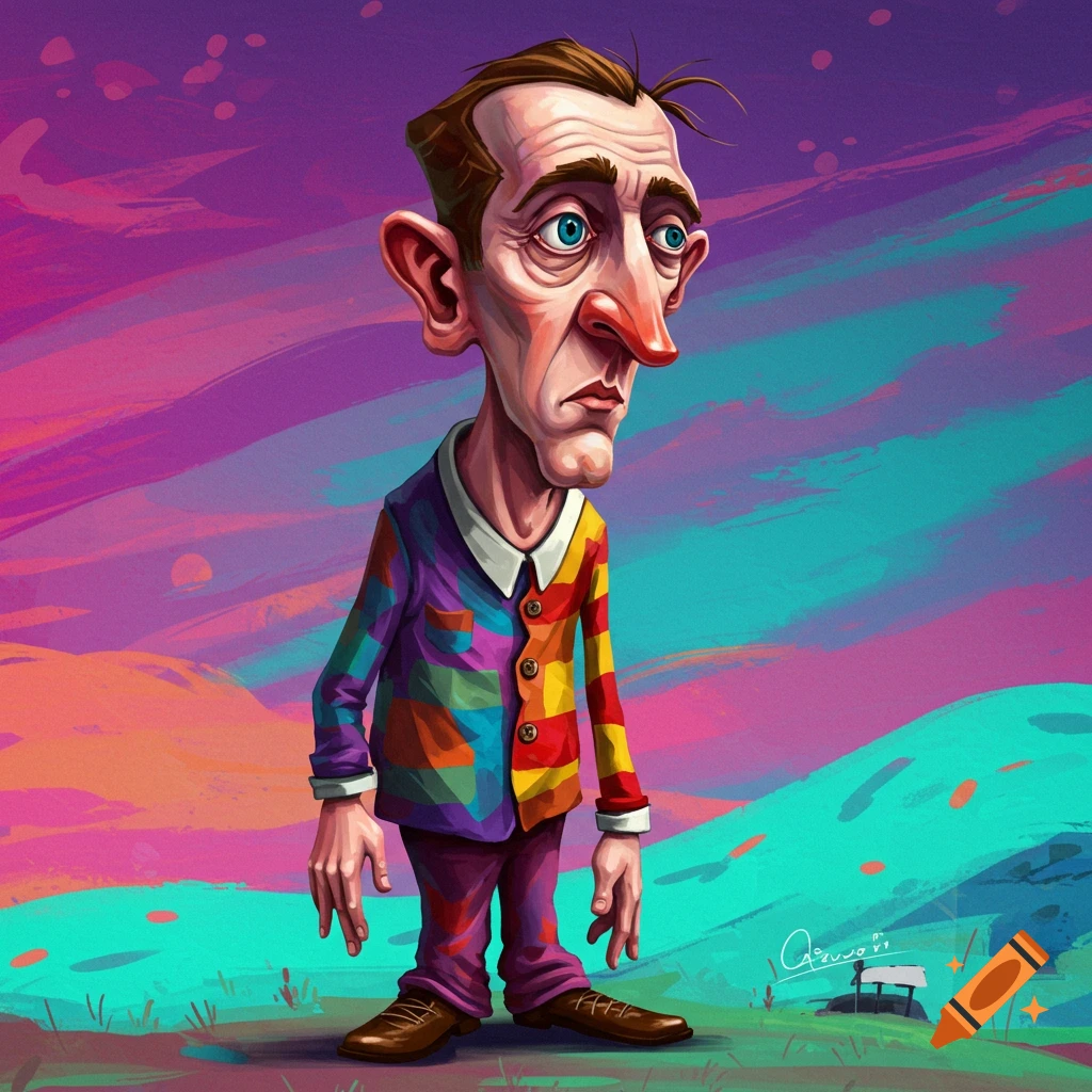 Illustration of a tall, weirdly proportioned man in a colorful jacket standing in a stylized landscape.