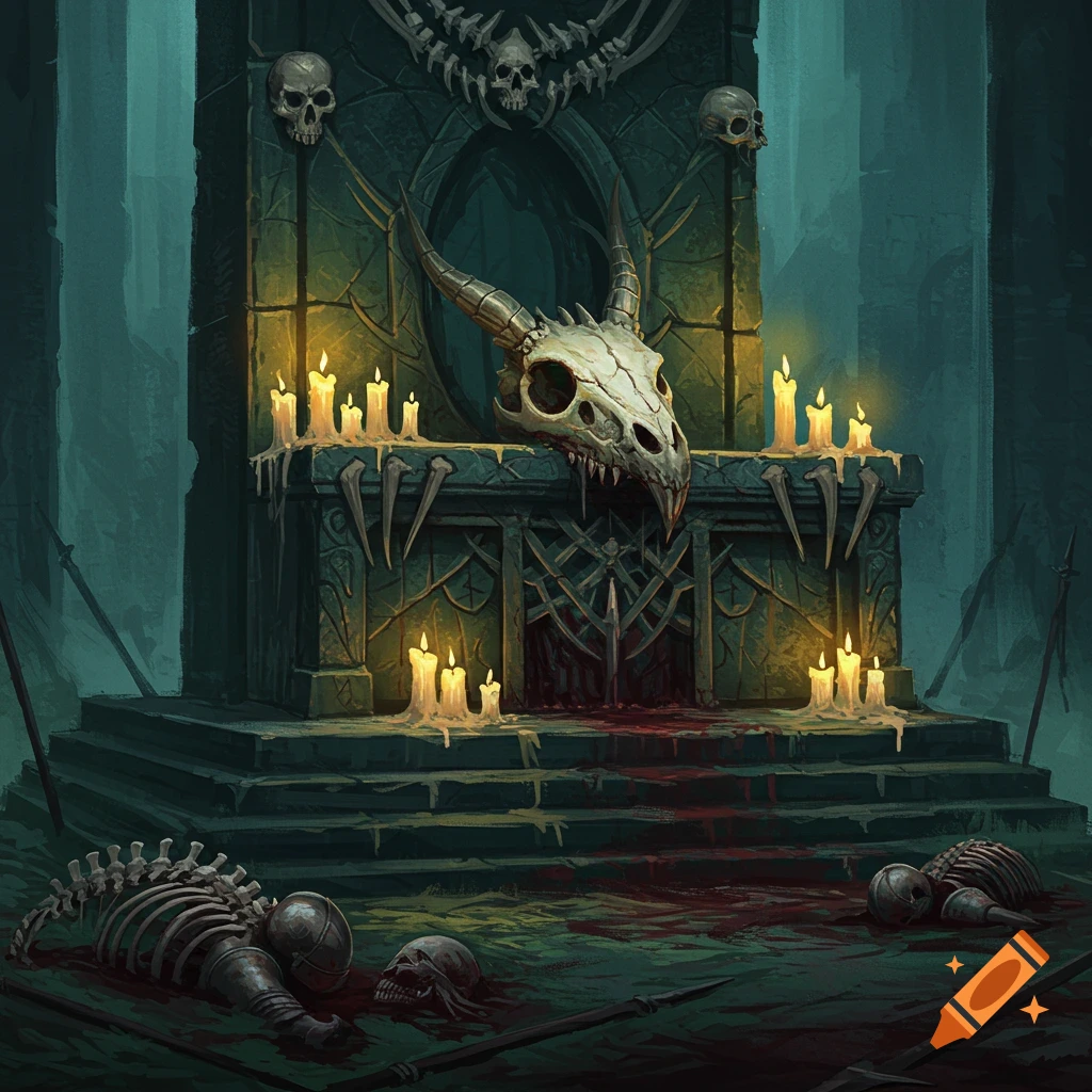 Dark fantasy painting of a morbid altar with a dragon skull, candles, skeletons, and blood.