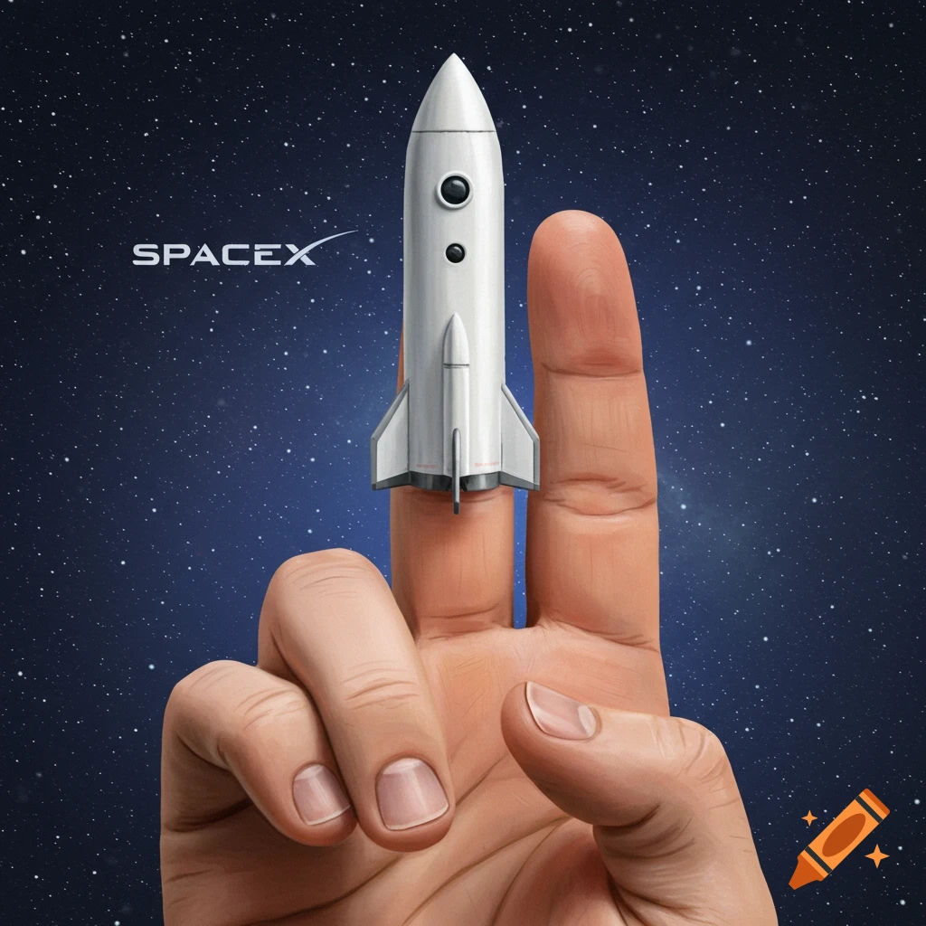 Illustration of a human finger shaped like a SpaceX rocket lifting off against a starfield.