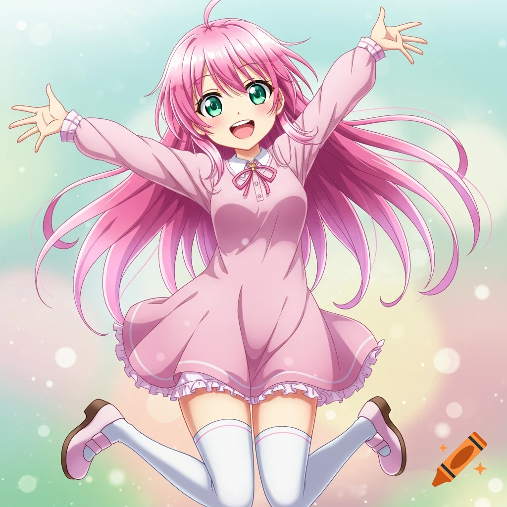 Pink-haired anime girl in pink dress jumping