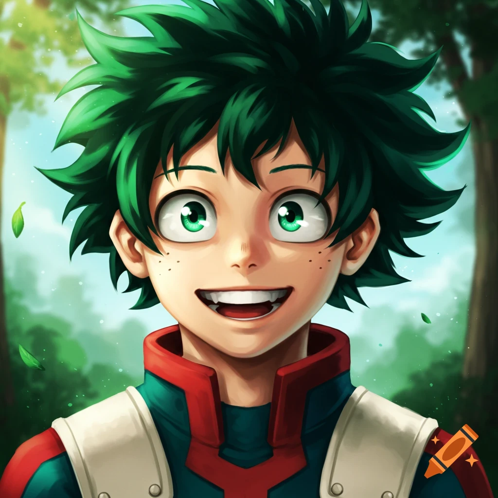 Close-up portrait of a smiling anime boy with green hair and freckles in a forest background