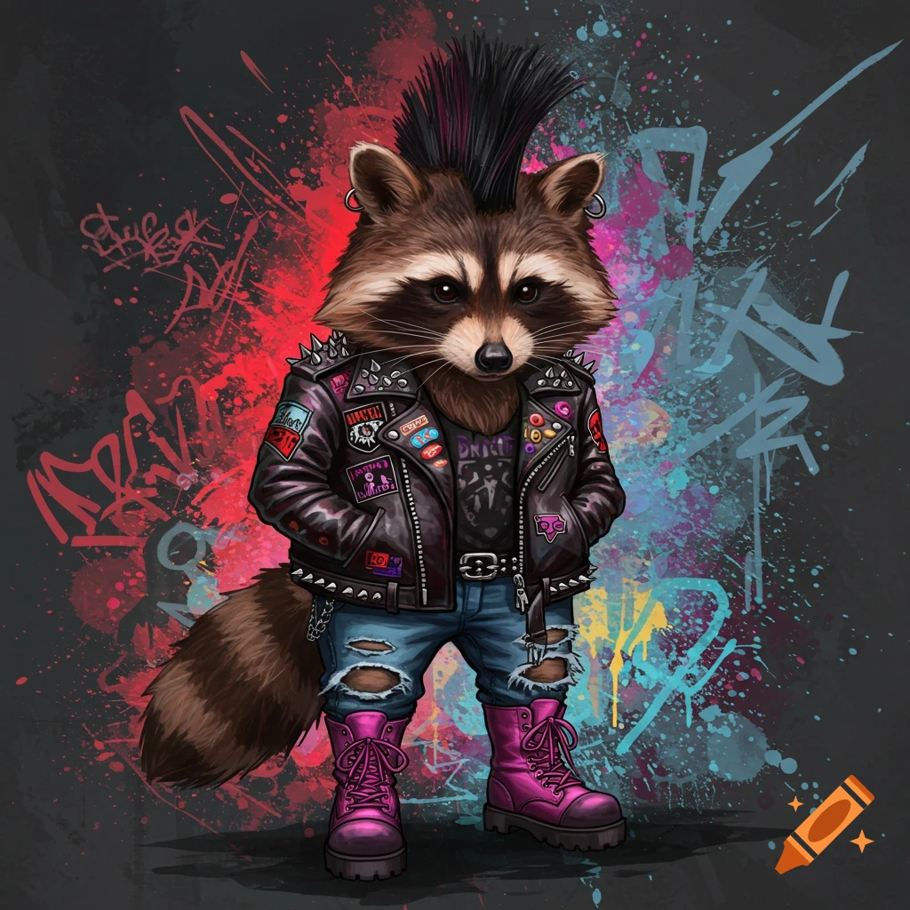 A raccoon wearing a punk leather jacket, ripped jeans, and pink boots stands against a graffiti background.