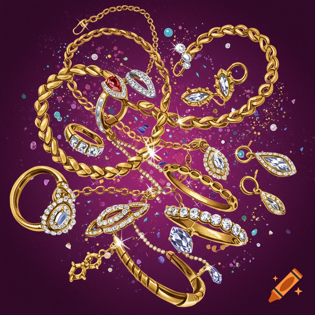 A dynamic arrangement of golden jewelry with gems and chains.