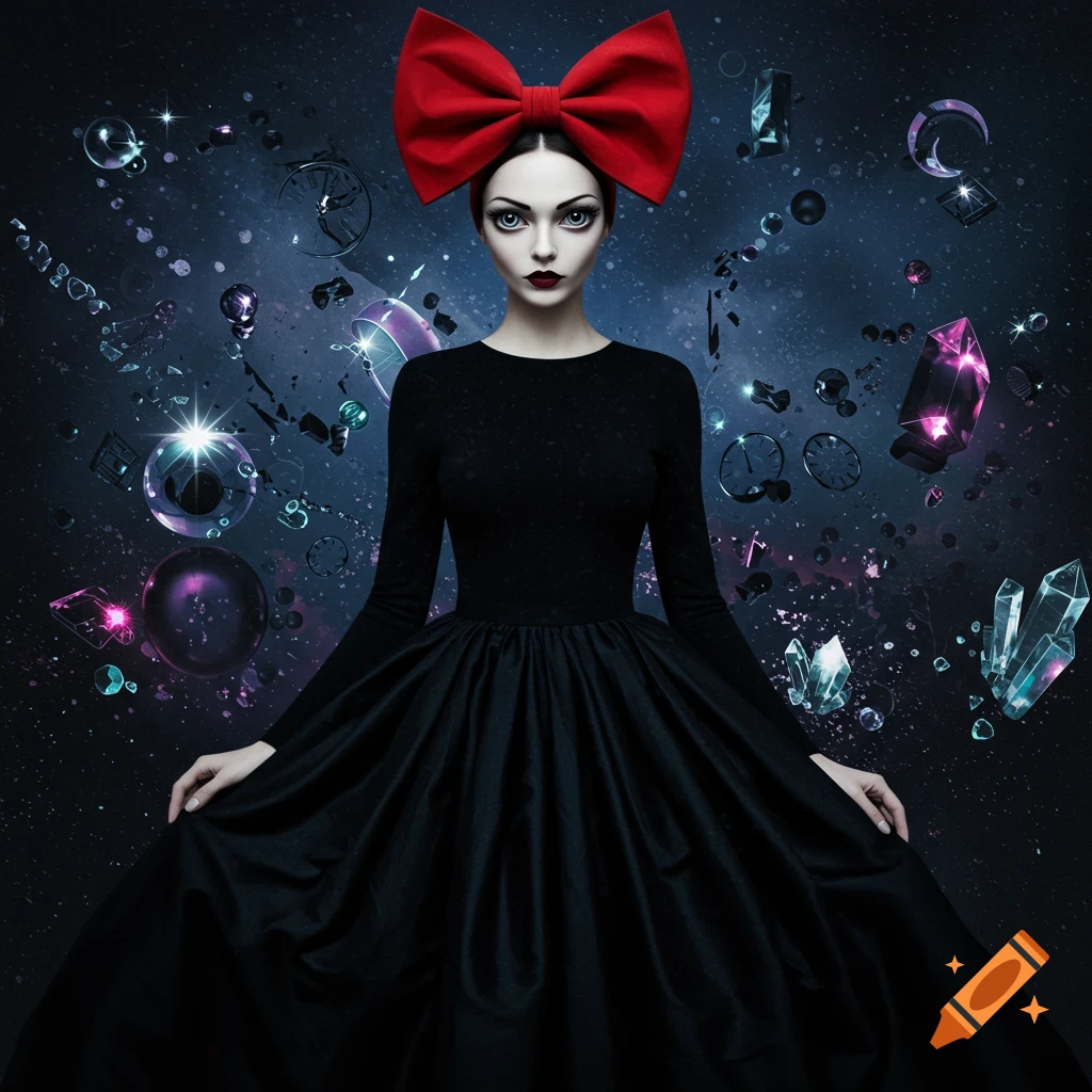 Surreal portrait of a woman in a black dress and large red bow with floating crystals and clocks in the background.